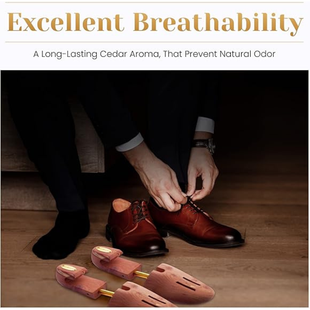 Cedar Shoe Trees for Men (2 Pairs) | Adjustable Wooden Shoe Shaper – Odorless & Anti-Crease for Sneakers, Boots & Dress Shoes