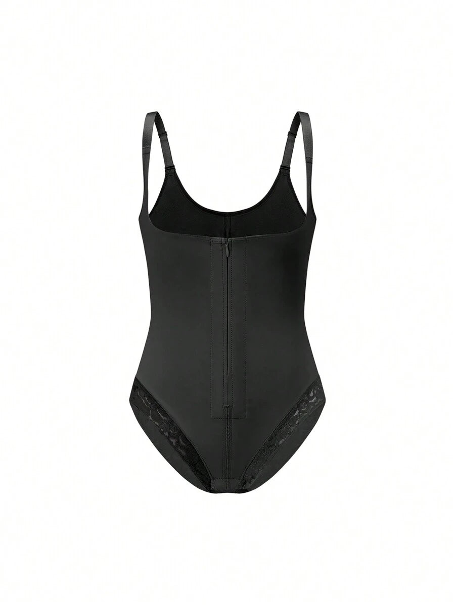 SHEIN Contrast Lace Mesh Panel Shapewear Bodysuit, Black, Medium