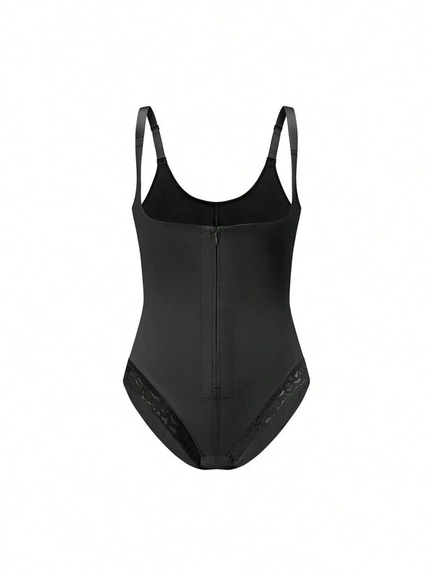 SHEIN Contrast Lace Mesh Panel Shapewear Bodysuit, Black, Medium