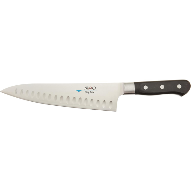 MAC Knife Professional Series 8" Chef's Knife with Dimples – Japanese Steel, Granton Edge, Triple-Riveted Black Handle
