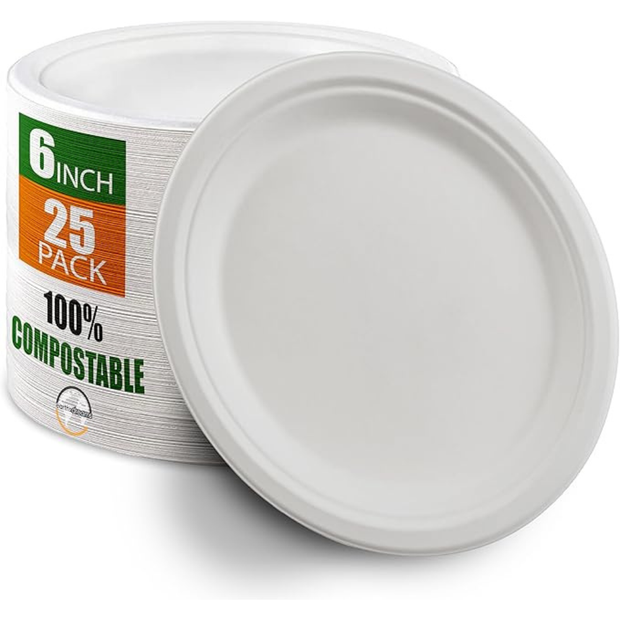 Earth's Dreams 6-Inch Compostable Plates 25-Pack – Sugarcane Bagasse, Oil/Heat Resistant, Microwave Safe