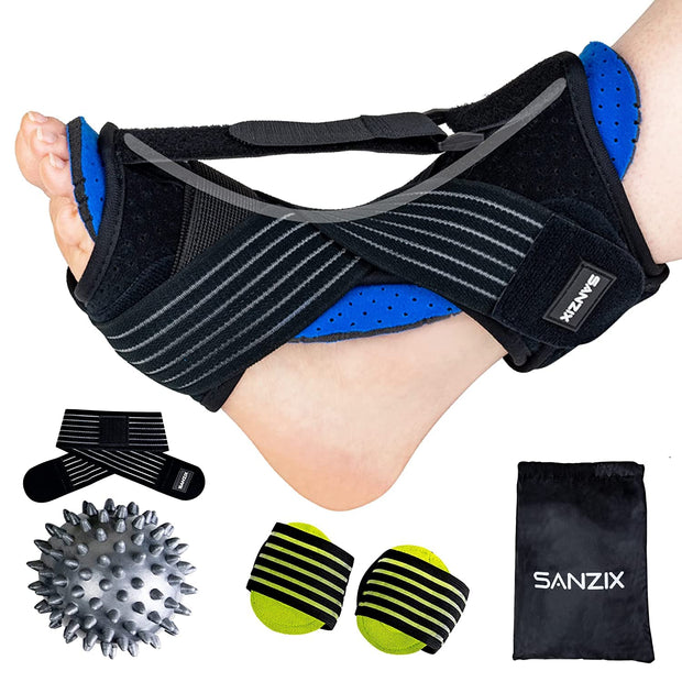 SANZIX Plantar Fasciitis Night Splint – Adjustable Foot & Achilles Support Brace, Drop Foot Brace, Includes Massage Ball