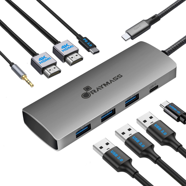 RAYMASS USB-C Hub 8-in-1 Multiport Adapter – Dual Display, 2x HDMI, USB-A 3.0, SD/microSD, USB-C PD, 3.5mm Audio