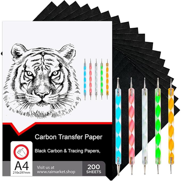 Raimarket Black Carbon Transfer Paper 200 Sheets A4 – Carbon Tracing Paper with Dotting Tools, Art & Craft Supply