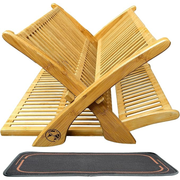 Earth's Dreams Bamboo Dish Drying Rack - 3 Tier Collapsible with Microfiber Mat
