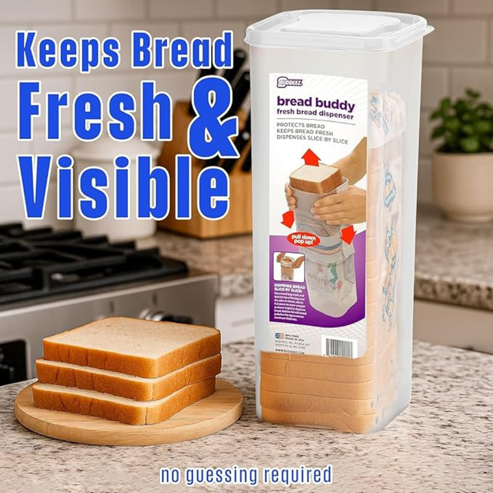 Buddeez Bread Buddy Sandwich Size Bread Dispenser – Clear Plastic Bread Box, Slice-by-Slice Dispensing, Keeps Bread Fresh & Visible