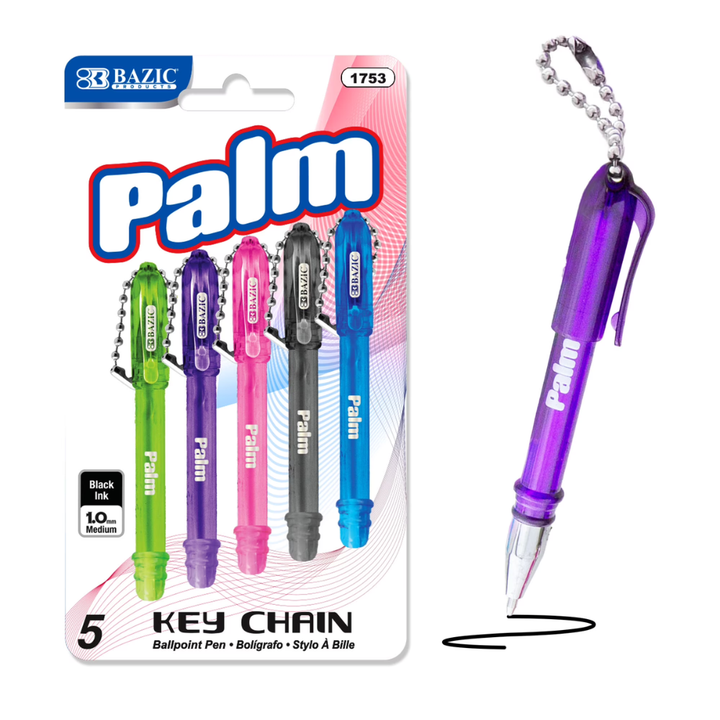 BAZIC Palm Mini Ballpoint Pen with Key Ring – Black Ink, 1.0mm Bold Point, 5-Pack | Compact Pocket Pens for Home, School & Office