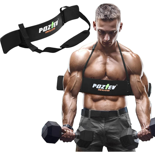 POZTEV Arm Blaster for Biceps & Triceps | Adjustable Bicep Curl Support Bar with Neck Strap | Heavy Duty Isolation Trainer for Muscle Building (Black)