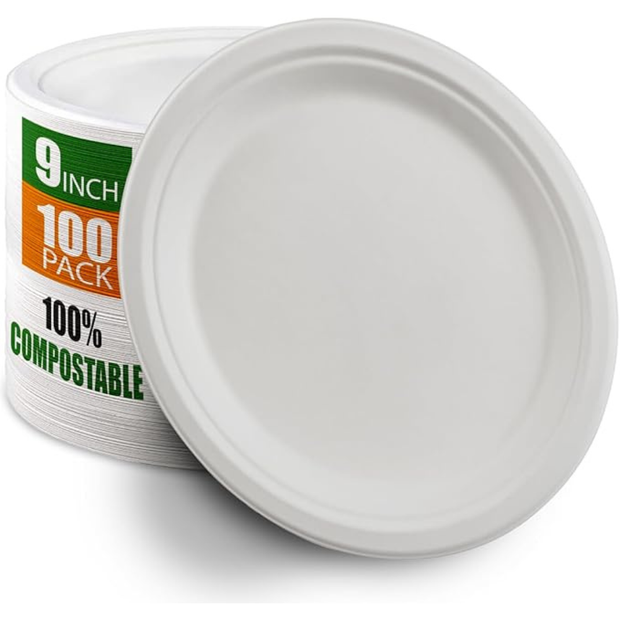 Earth's Dreams 100% Compostable 9 Inch Paper Plates 100 Pack – Heavy-Duty Disposable, Biodegradable, Sugarcane Bagasse, Oil & Leak-Resistant
