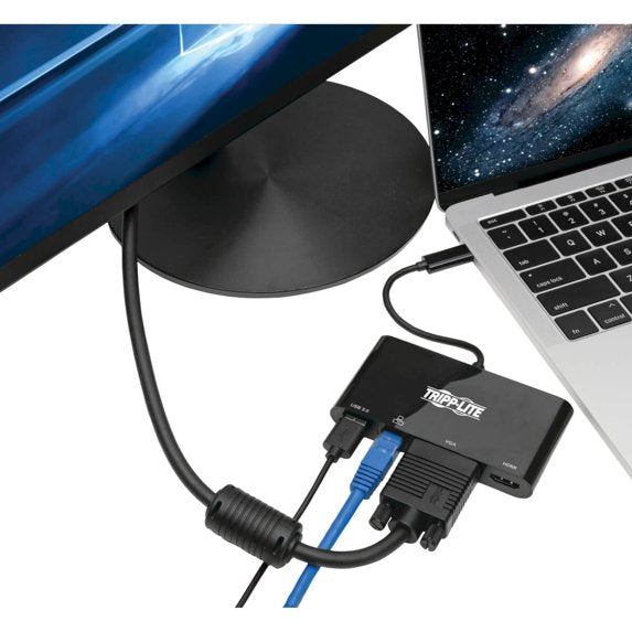 Tripp Lite USB-C Multiport Adapter – 4K HDMI, VGA, Gigabit Ethernet & USB-A Hub, Black, U444-06N-HV4GUB