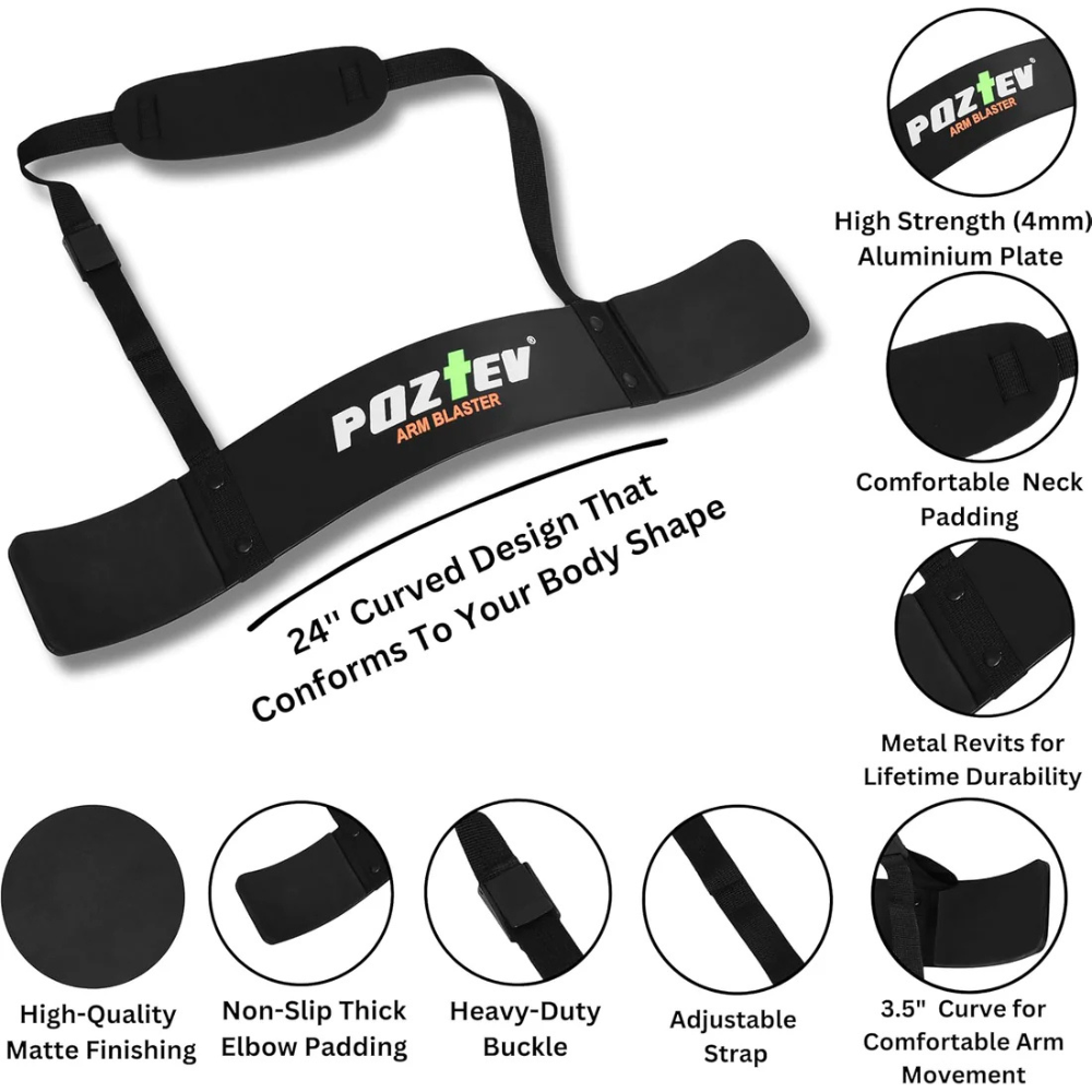 POZTEV Arm Blaster for Biceps & Triceps | Adjustable Bicep Curl Support Bar with Neck Strap | Heavy Duty Isolation Trainer for Muscle Building (Black)