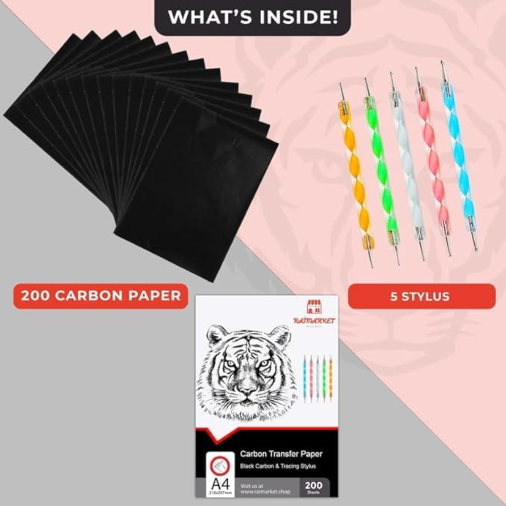 Raimarket Black Carbon Transfer Paper 200 Sheets A4 – Carbon Tracing Paper with Dotting Tools, Art & Craft Supply