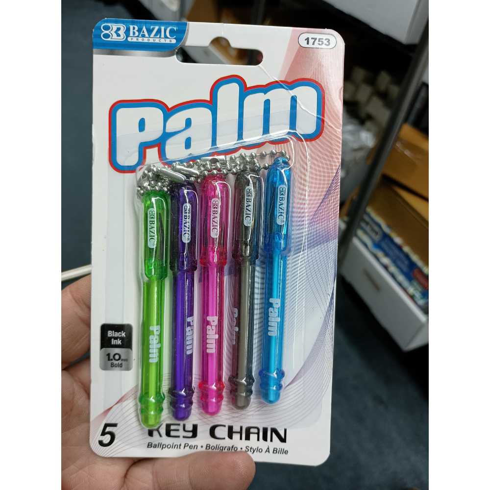 BAZIC Palm Mini Ballpoint Pen w/Key Ring, Black Ink 1.0mm (5/Pack), 1-Pack
