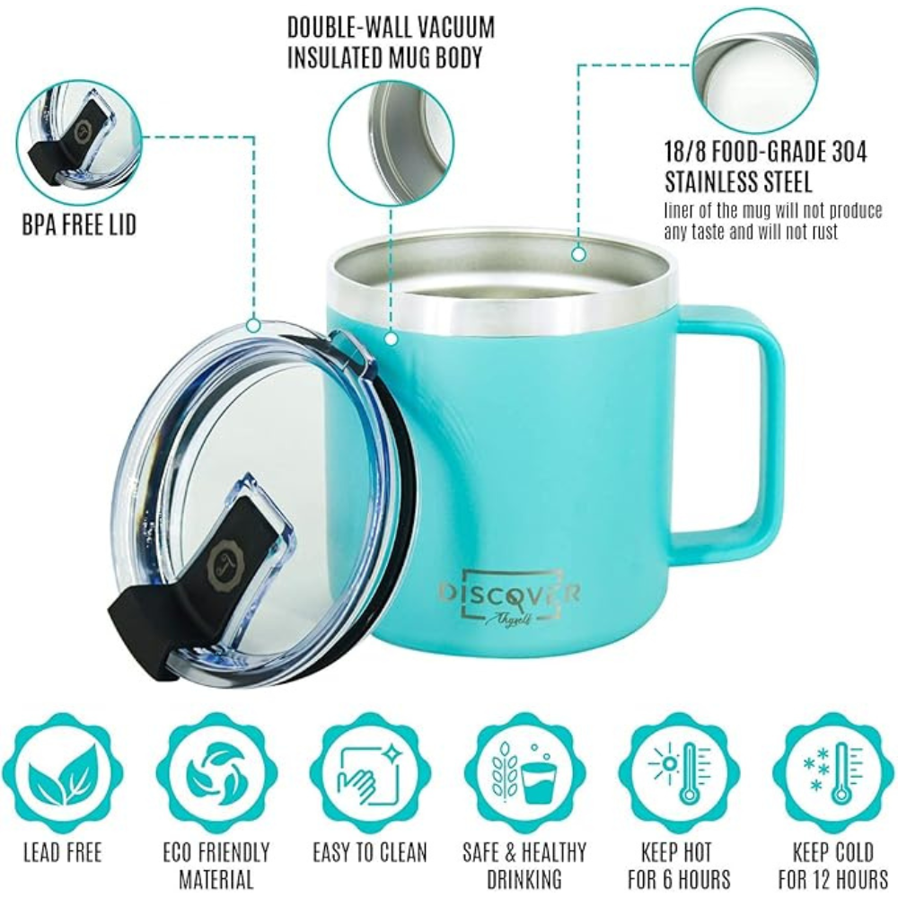 Thyself Insulated Coffee Mug with Handle - 14 oz Stainless Steel Travel Cup