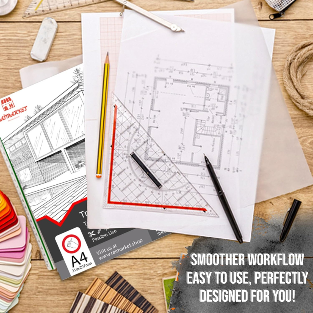 Raimarket Premium Tracing Paper 100 Sheets A4 – Transparent Tracing Paper Pack for Art, Design & Architecture