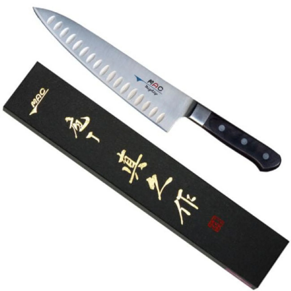 MAC Knife Professional Series 8" Chef's Knife with Dimples – Japanese Steel, Granton Edge, Triple-Riveted Black Handle
