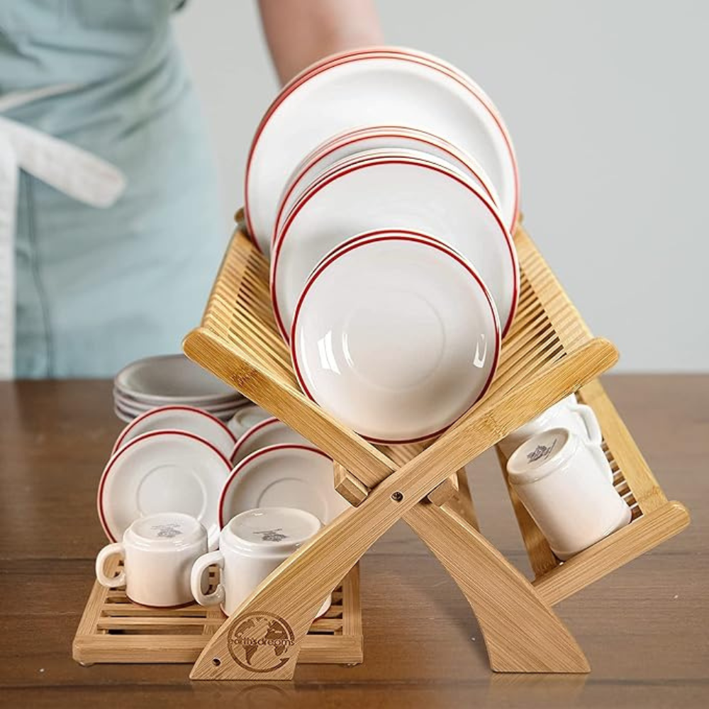 Earth's Dreams Bamboo Dish Drying Rack - 3 Tier Collapsible with Microfiber Mat