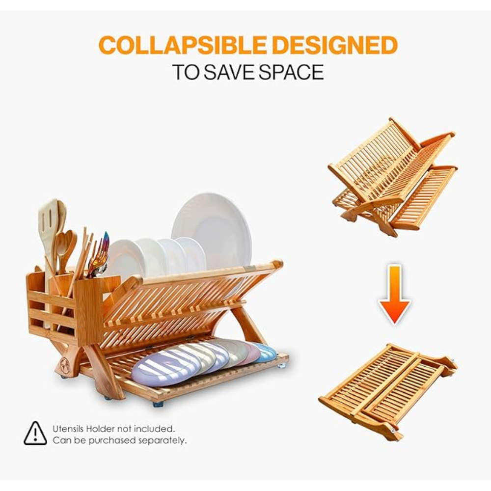 Earth's Dreams Bamboo Dish Drying Rack - 3 Tier Collapsible with Microfiber Mat