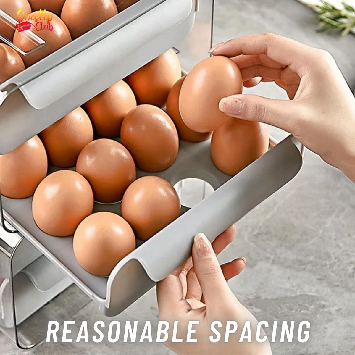 ONESTEP CLUB 2-Layer Stackable Egg Holder for Refrigerator – Grey PET Plastic