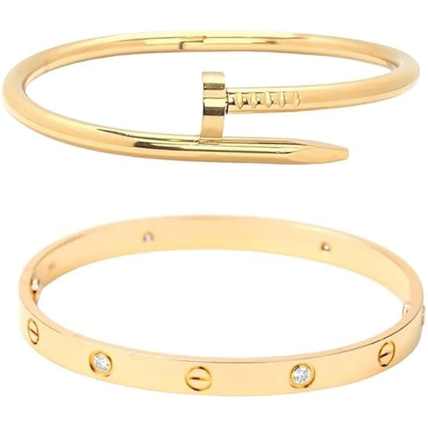 Skywater Life Open Nail & Screw Bangle Bracelet Set for Women – Gold Tone, 2 Piece
