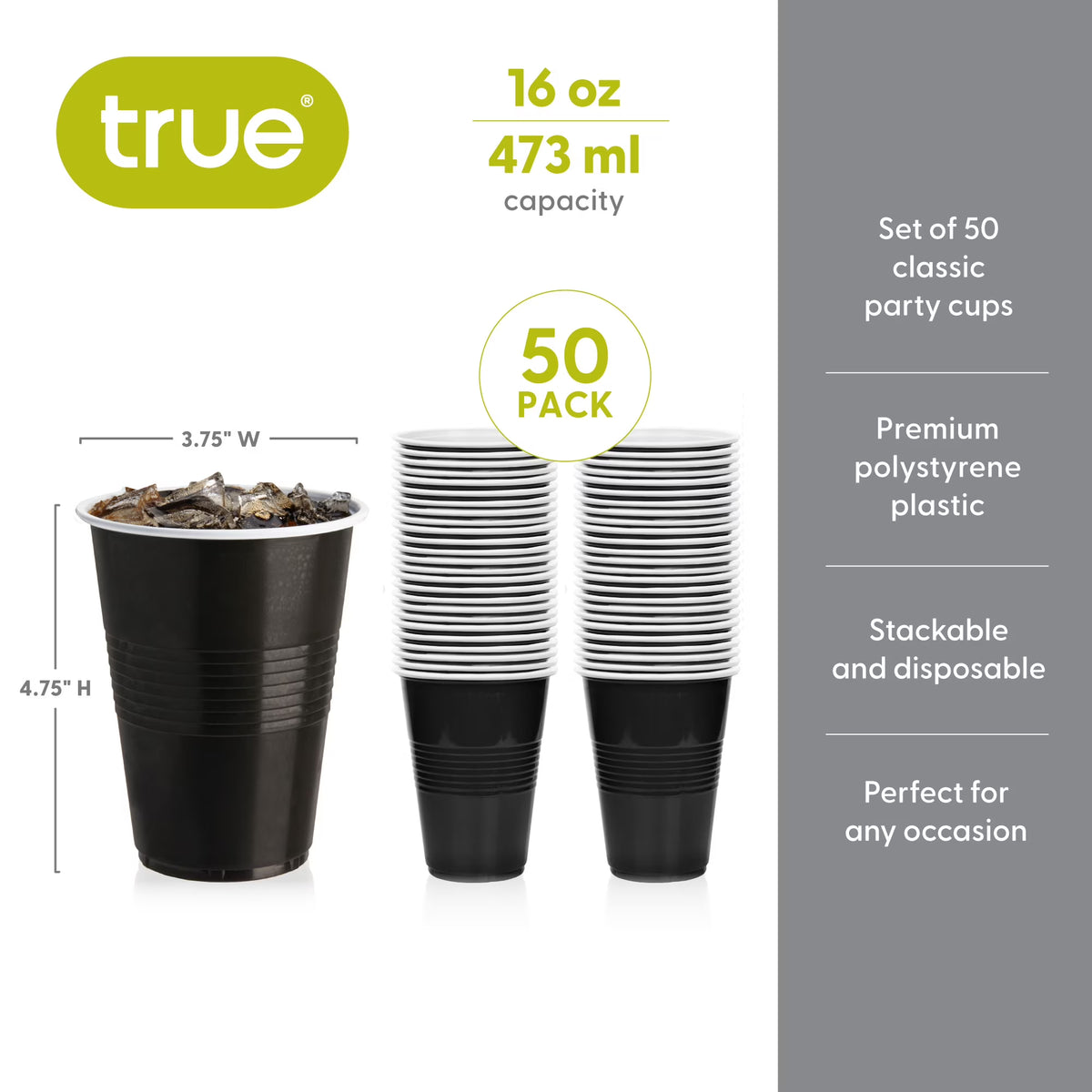 True Brands Black Disposable Party Cups, 16 oz, 50 Count