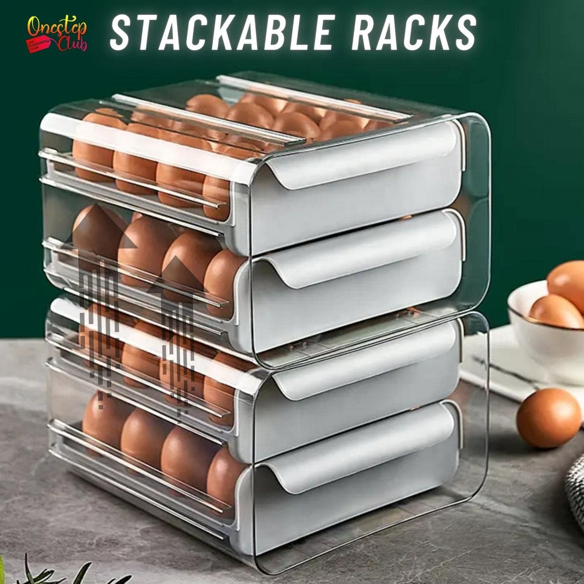 ONESTEP CLUB 2-Layer Stackable Egg Holder for Refrigerator – Grey PET Plastic