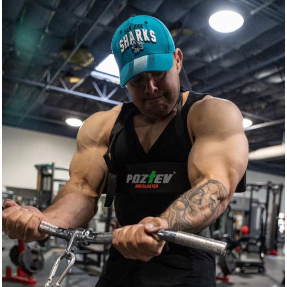 POZTEV Arm Blaster for Biceps & Triceps | Adjustable Bicep Curl Support Bar with Neck Strap | Heavy Duty Isolation Trainer for Muscle Building (Black)
