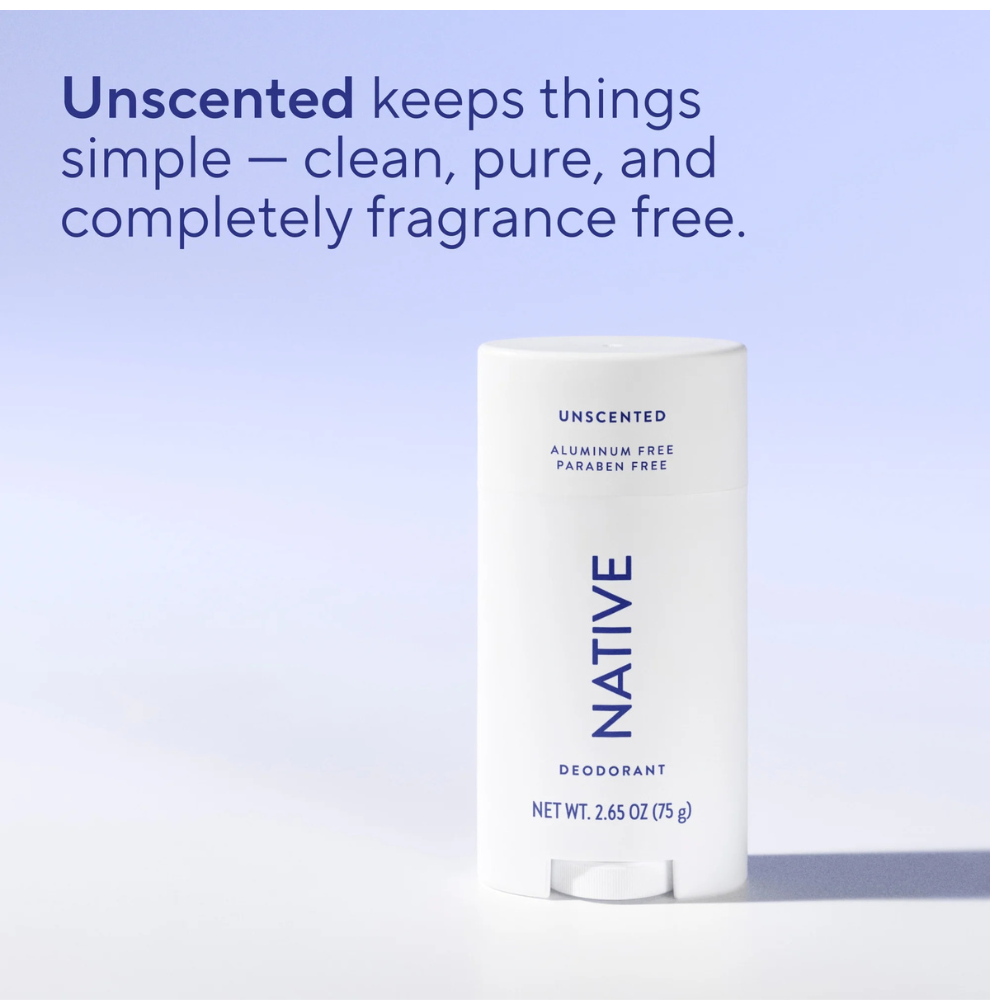 Native Fragrance-Free Deodorant Stick – 72-Hour Protection, Aluminum Free, Paraben Free, Unscented