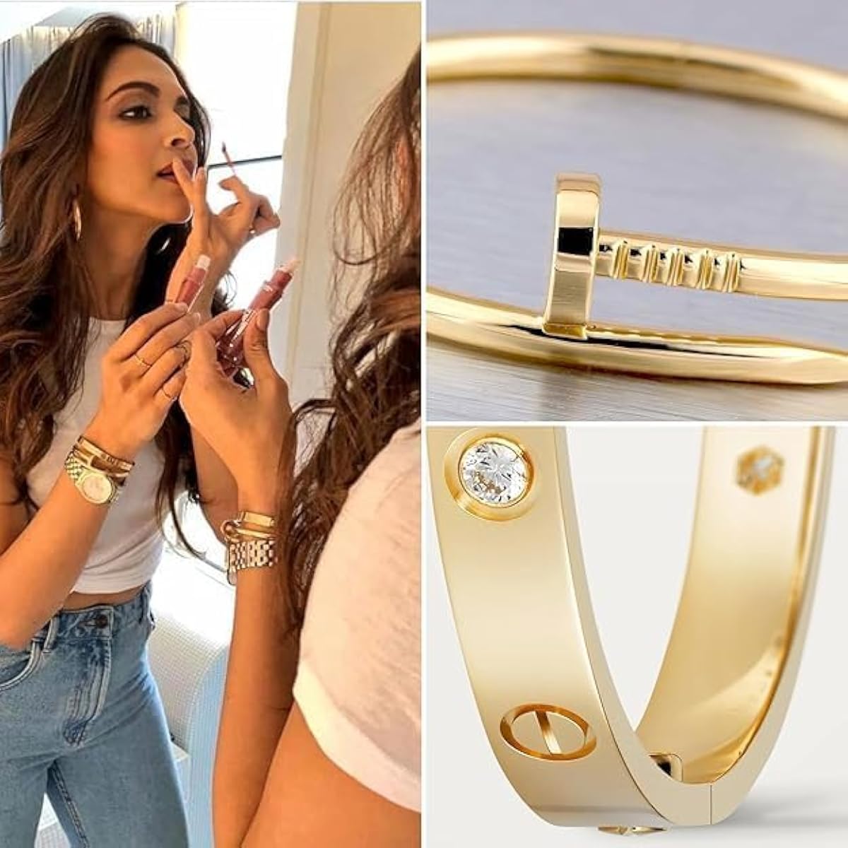 Skywater Life Open Nail & Screw Bangle Bracelet Set for Women – Gold Tone, 2 Piece
