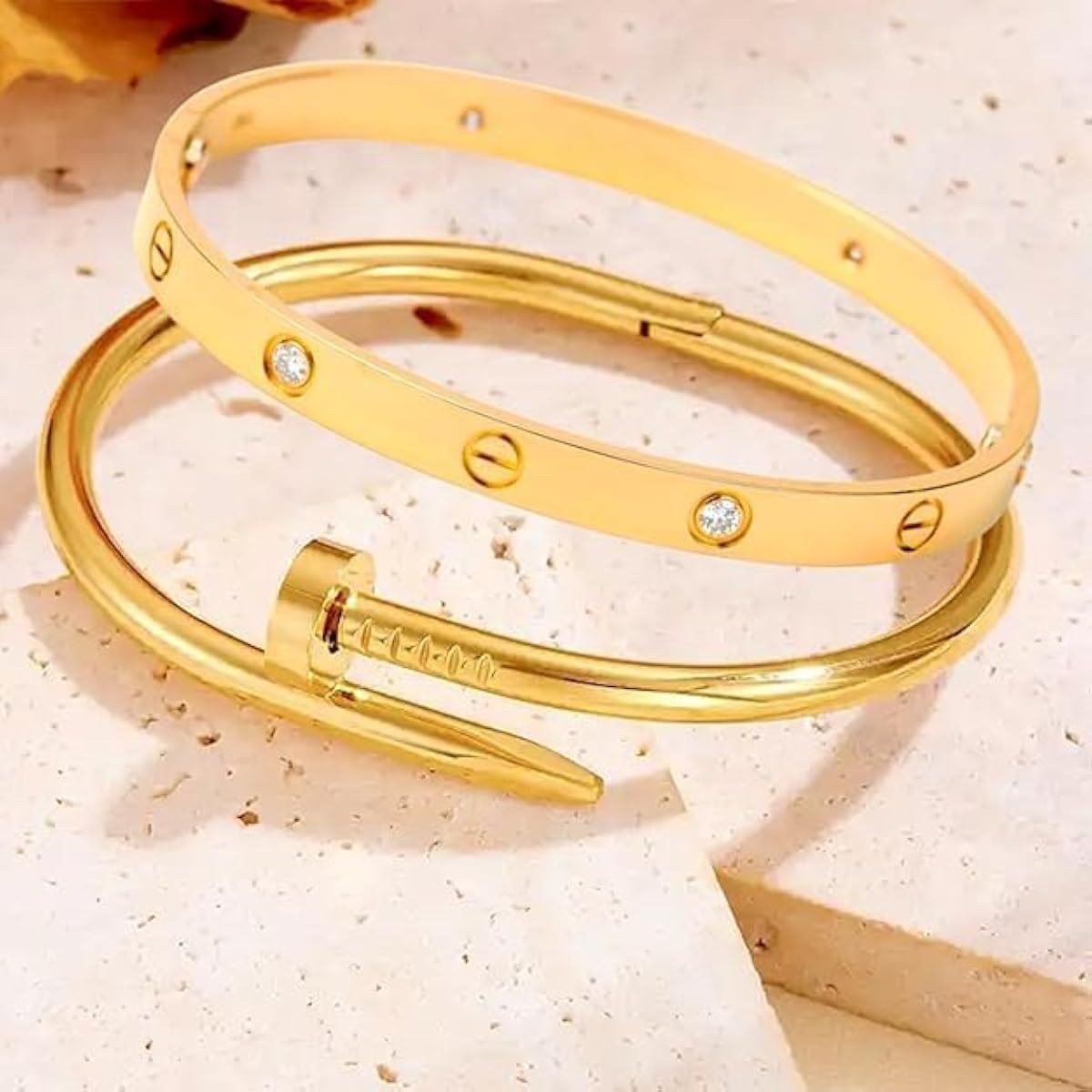 Skywater Life Open Nail & Screw Bangle Bracelet Set for Women – Gold Tone, 2 Piece