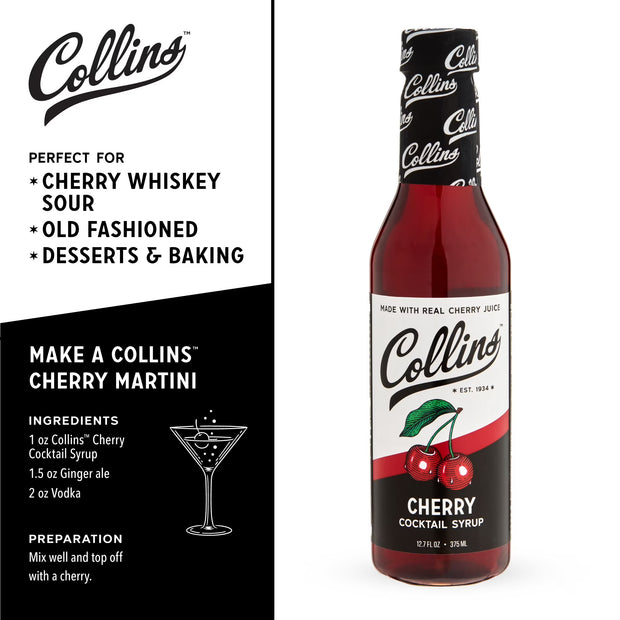 Collins Cherry Simple Syrup with Real Cherry Juice & Real Sugar – 12.7 oz