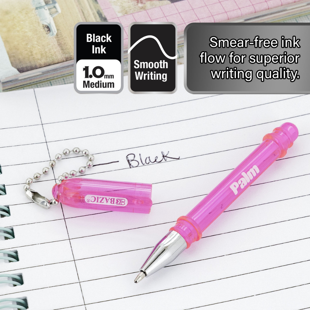 BAZIC Palm Mini Ballpoint Pen with Key Ring – Black Ink, 1.0mm Bold Point, 5-Pack | Compact Pocket Pens for Home, School & Office