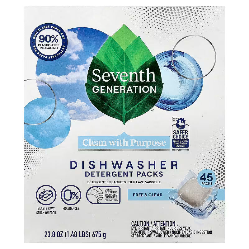 Seventh Generation Free & Clear Dishwasher Detergent Packs – 45 Count, 23.8 oz