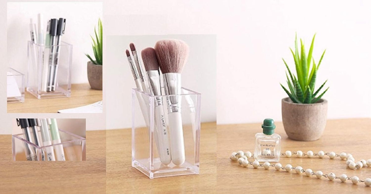 Acrylic Pencil and Pen Holder Makeup Brush Organizer Acrylic Pen Pencil Holder Square Pen Holder (Clear Color)