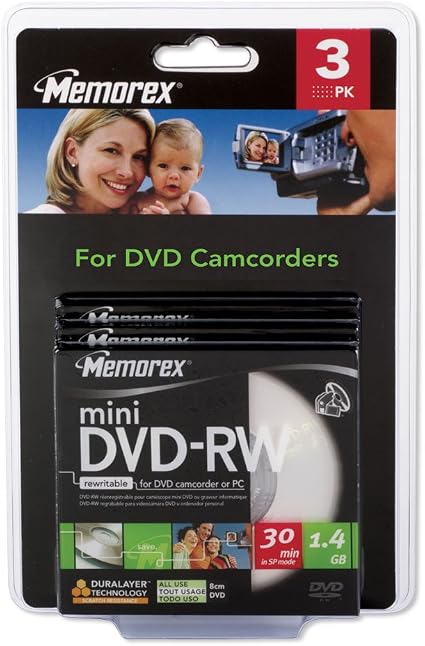 Memorex Mini DVD-RW Rewritable Discs – 1.4GB / 30-Minute, 2x Speed, 3-Pack