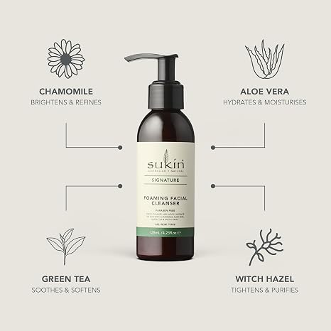 Sukin Signature Foaming Facial Cleanser 4.23 oz | Gentle Face Wash with Chamomile, Aloe Vera, Green Tea & Witch Hazel