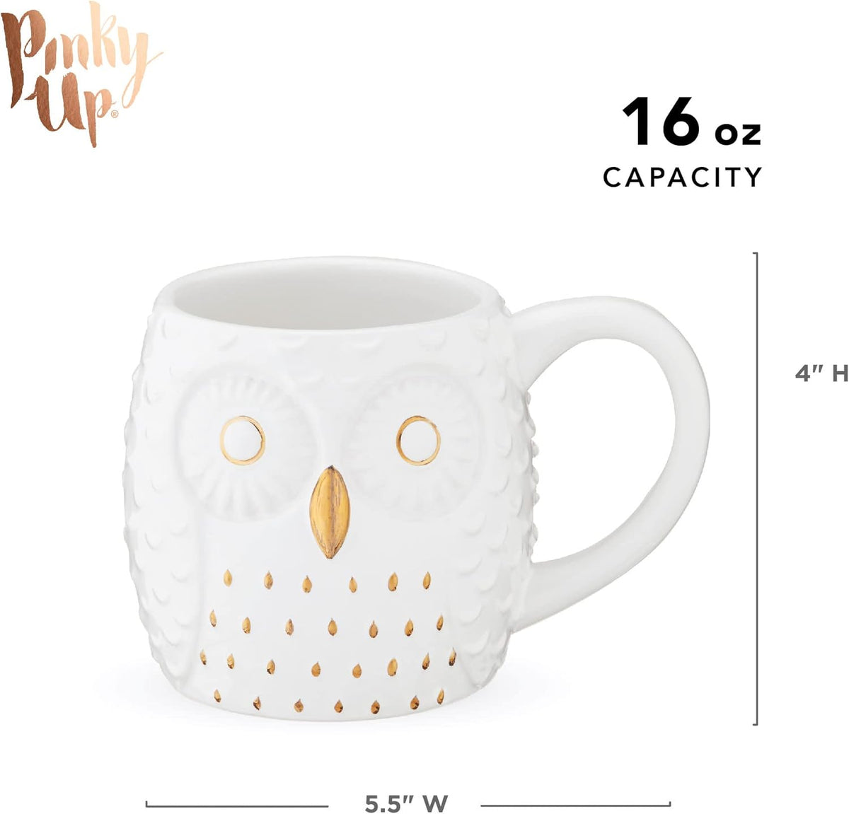 Pinky Up Olivia Owl Mug – Cute Owl Tea Cup for Women, White & Gold, 16 oz