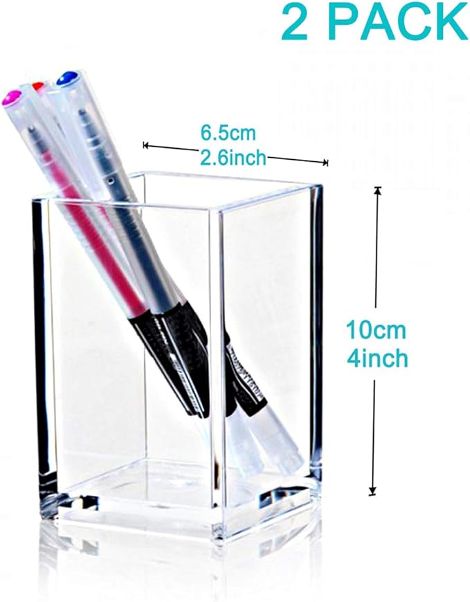 Cerpourt 2-Pack Clear Acrylic Pencil Pen Holder Cup – 2.6x2.6x4", Desktop Organizer for Office, School & Makeup Brushes