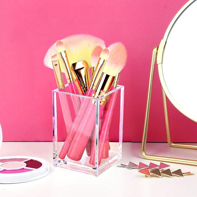 Cerpourt 2-Pack Clear Acrylic Pencil Pen Holder Cup – 2.6x2.6x4", Desktop Organizer for Office, School & Makeup Brushes