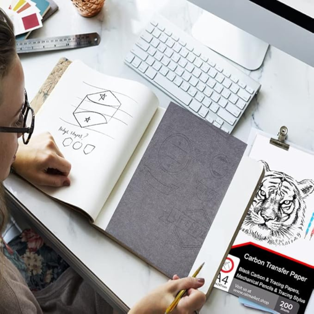 Raimarket Black Carbon Transfer Paper 200 Sheets A4 – Carbon Tracing Paper with Dotting Tools, Art & Craft Supply