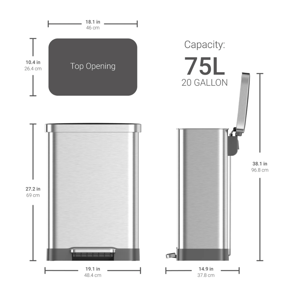 Qualiazero 20 Gallon Stainless Steel Step-On Trash Can – Rectangular Kitchen Bin, Soft Close Lid, Foot Pedal