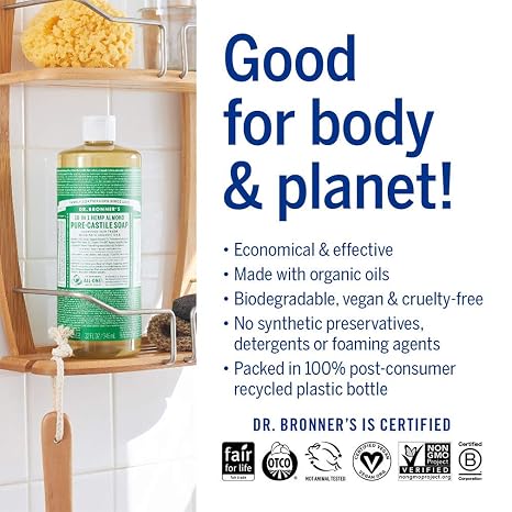 Dr. Bronner’s 18-in-1 Hemp Almond Pure-Castile Liquid Soap – 4 fl oz / 118 mL
