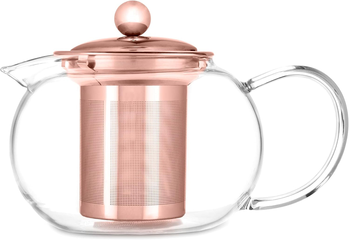 Pinky Up Candace Glass Teapot with Rose Gold Lid and Stainless Steel Removable Infuser, Loose Leaf Tea Kettle, Perfect for Daily Use, Housewarming, Holidays, Brunch Party, 28 Oz