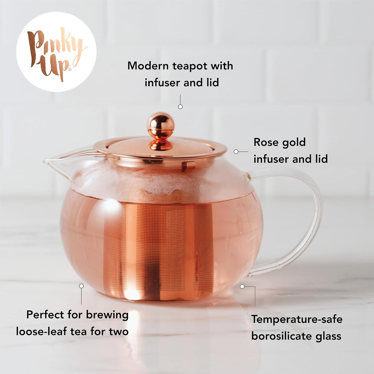 Pinky Up Candace Glass Teapot with Rose Gold Lid and Stainless Steel Removable Infuser, Loose Leaf Tea Kettle, Perfect for Daily Use, Housewarming, Holidays, Brunch Party, 28 Oz