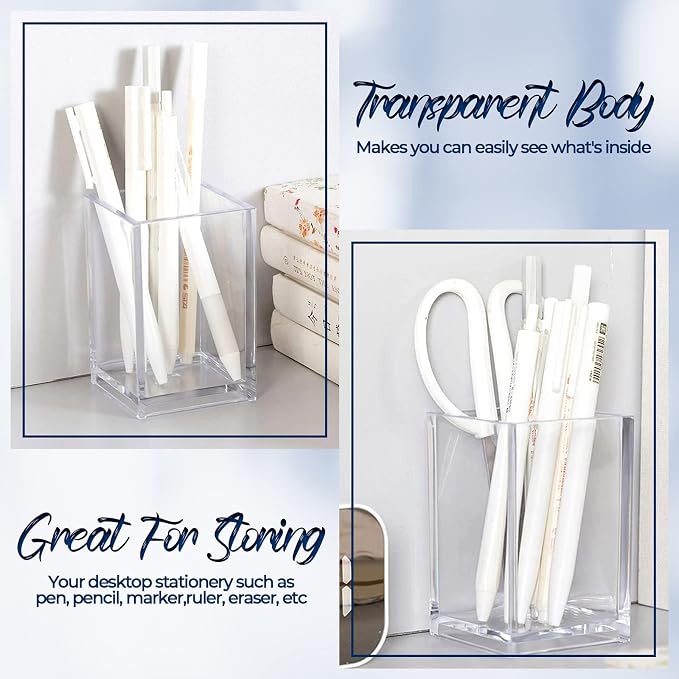 Acrylic Pencil and Pen Holder Makeup Brush Organizer Acrylic Pen Pencil Holder Square Pen Holder (Clear Color)