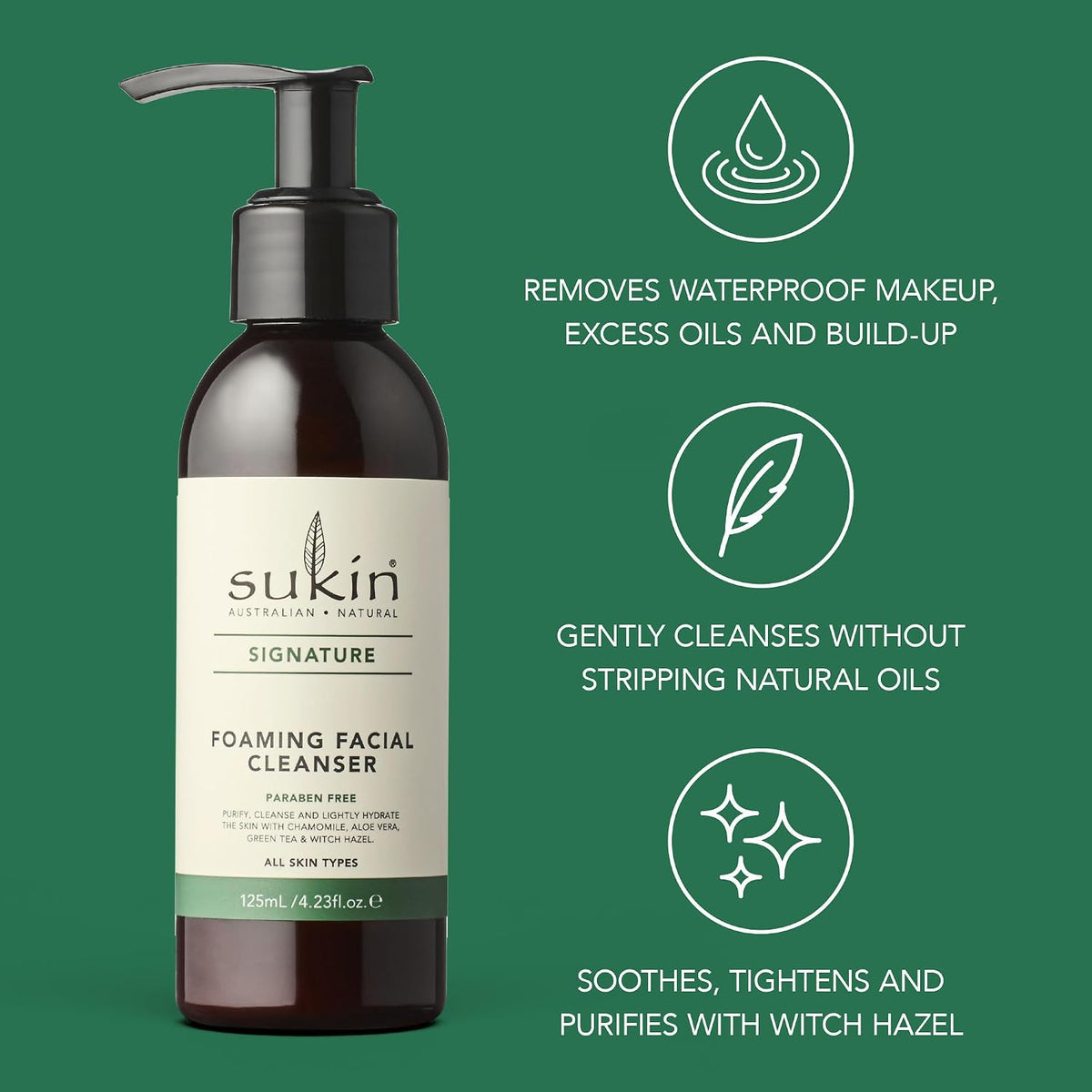 Sukin Signature Foaming Facial Cleanser 4.23 oz | Gentle Face Wash with Chamomile, Aloe Vera, Green Tea & Witch Hazel