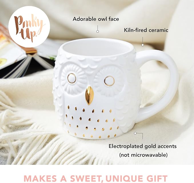 Pinky Up Olivia Owl Mug – Cute Owl Tea Cup for Women, White & Gold, 16 oz