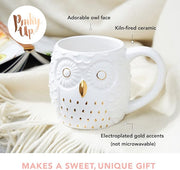 Pinky Up Olivia Owl Mug – Cute Owl Tea Cup for Women, White & Gold, 16 oz