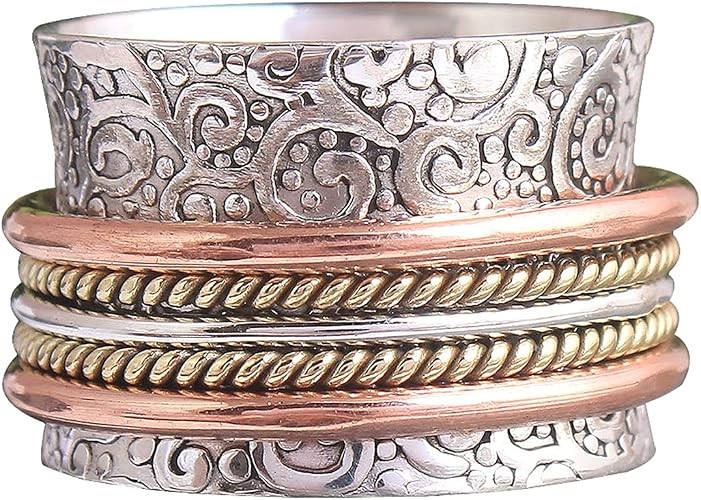 925 Sterling Silver Two-Tone Spinner Ring with Braided Design – Size 10.5