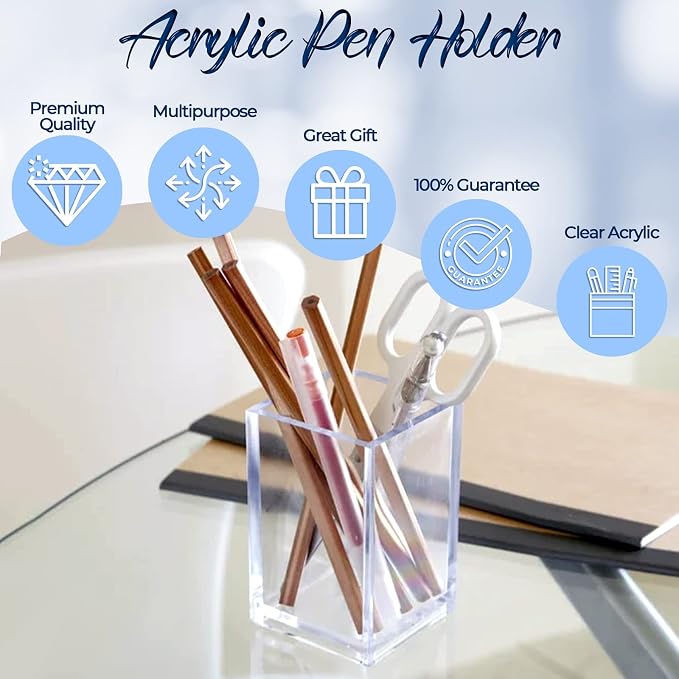 Acrylic Pencil and Pen Holder Makeup Brush Organizer Acrylic Pen Pencil Holder Square Pen Holder (Clear Color)